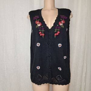 Capacity Vtg Floral Fruits Sweater Embroidered Black Sz 1x